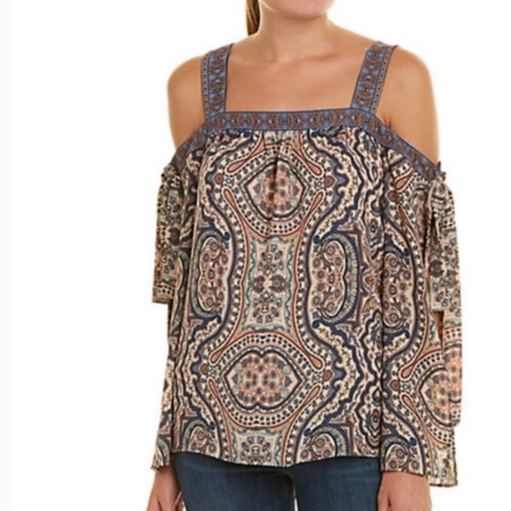 BCBGMaxazria Kail Almond Cold Shoulder Tie Sleeve Blouse XXS